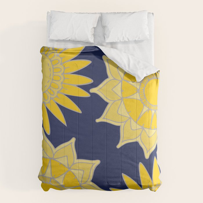 Sunshine Yellow Navy Blue Abstract Floral Mandala Comforter