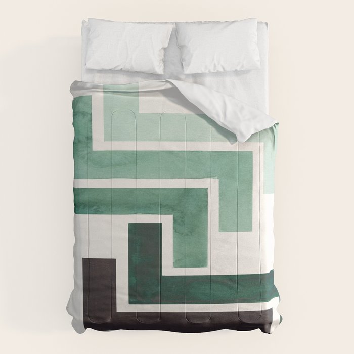 Deep Green Pattern Mid-Century Modern Simple Geometric Pattern Watercolor Minimalist Art Squares Comforter