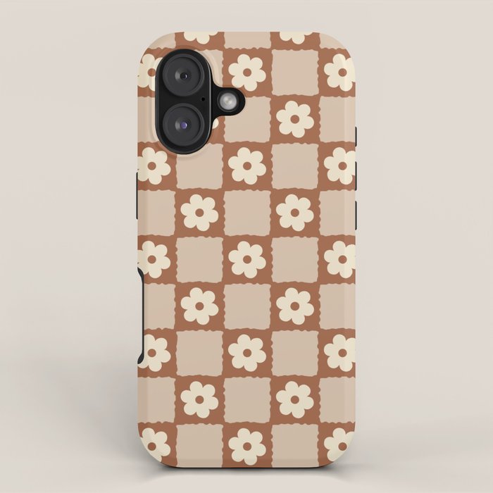 Retro Flower Checker In Brown Iphone Case