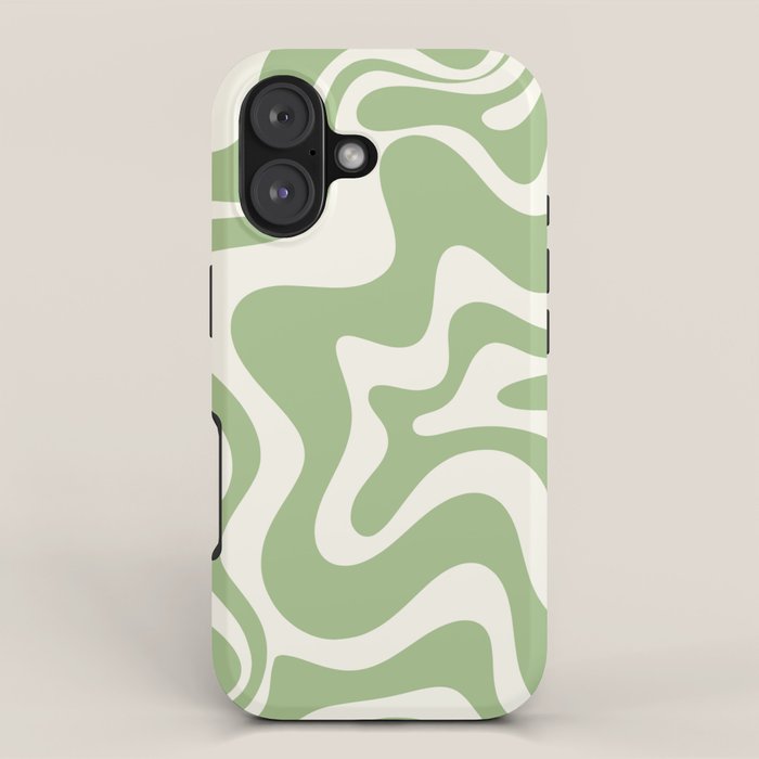 Retro Liquid Swirl Abstract Pattern In Light Sage Green And Cream Iphone Case