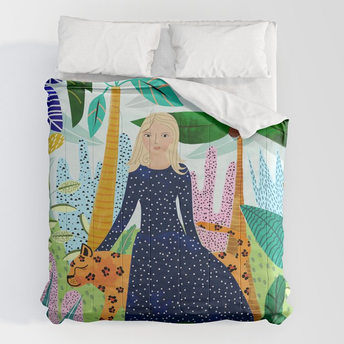 African Safari, Colorful Tropical Jungle Travel, Botanical Watercolor, Blonde Woman With A Leopard Comforter