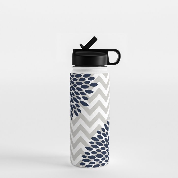 Chevron Floral Modern Navy And Grey Water Bottle