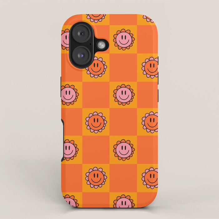 Orange Smiley Face Checkerboard Print Iphone Case