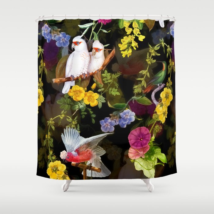Vintage & Shabby Chic - Tropical Night Bird Flower Garden Shower Curtain