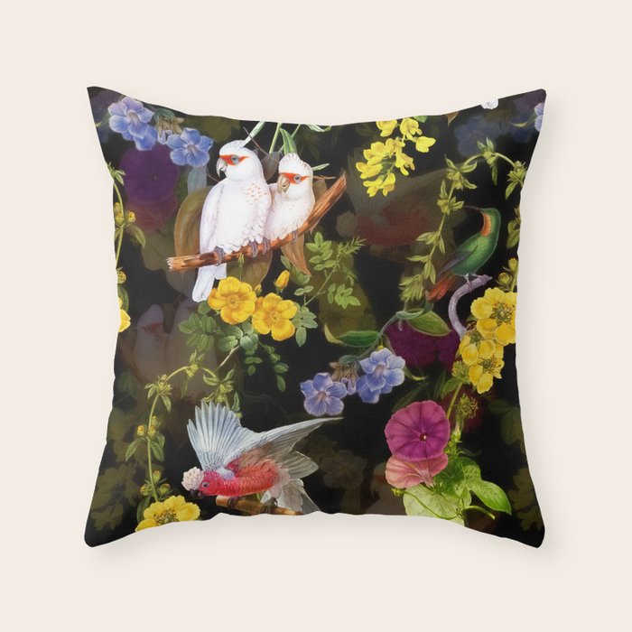 Vintage & Shabby Chic - Tropical Night Bird Flower Garden Throw Pillow