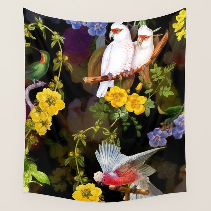 Vintage & Shabby Chic - Tropical Night Bird Flower Garden Wall Tapestry