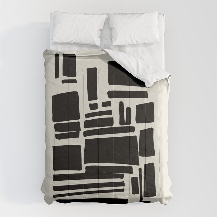 Black & White Minimalist Abstract Shapes Patterns Black Ink Painting Comforter