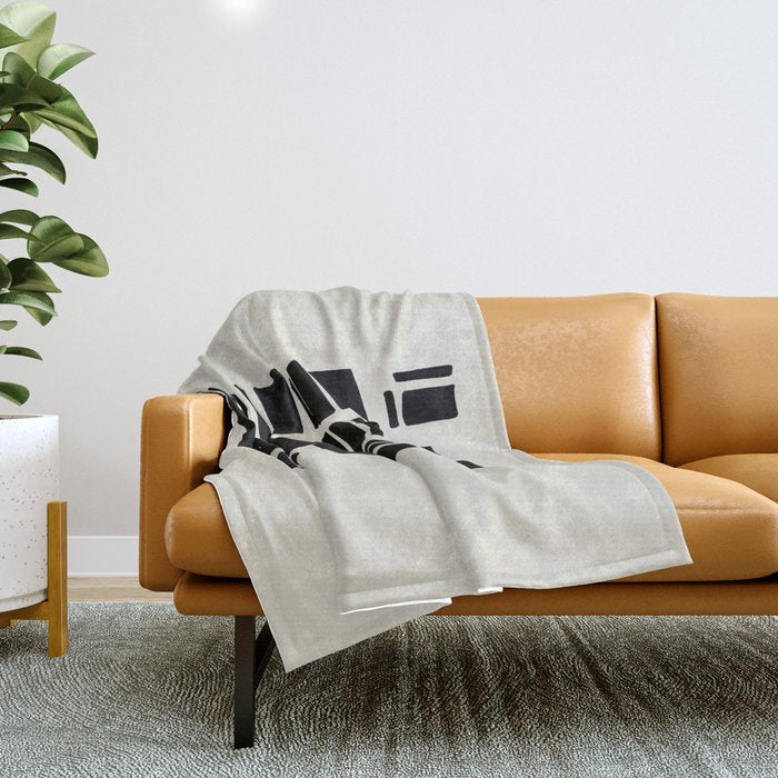Black & White Minimalist Abstract Shapes Patterns Black Ink Painting Throw Blanket