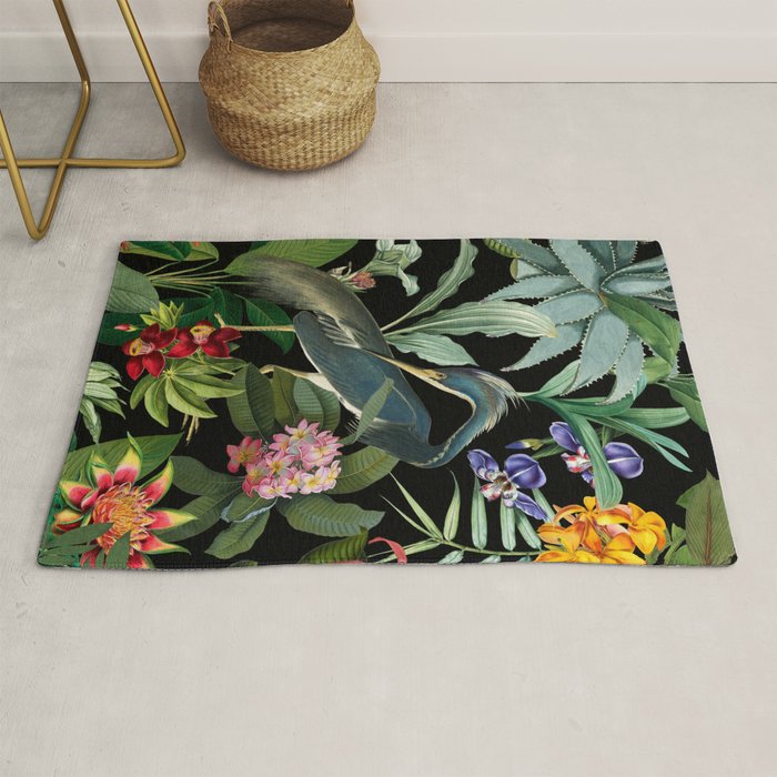 Vintage & Shabby Chic - Midnight Tropical Garden Blue Heron Rug