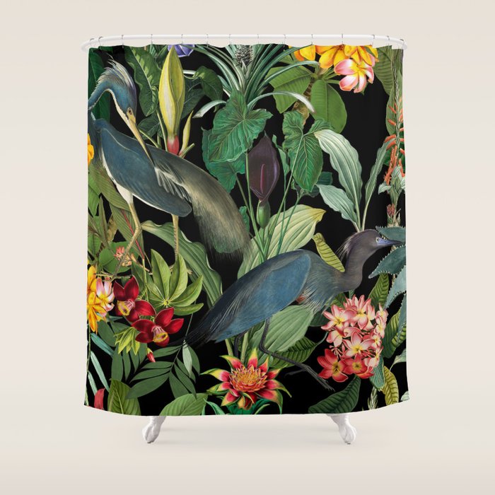 Vintage & Shabby Chic - Midnight Tropical Garden Blue Heron Shower Curtain