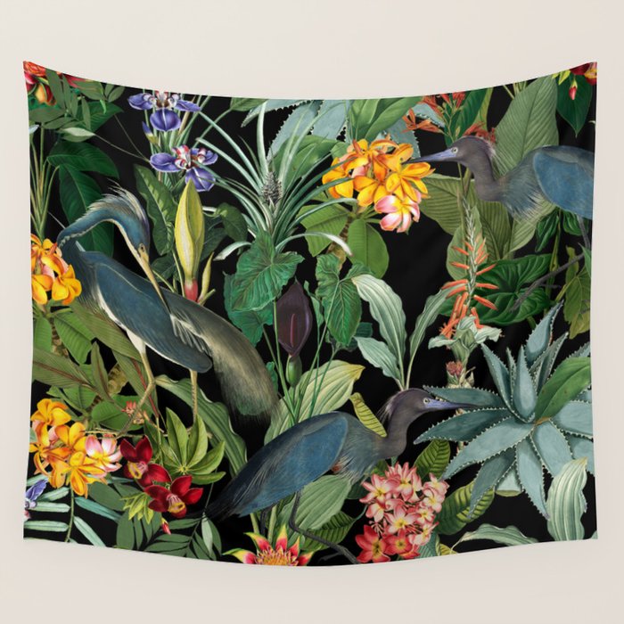 Vintage & Shabby Chic - Midnight Tropical Garden Blue Heron Wall Tapestry