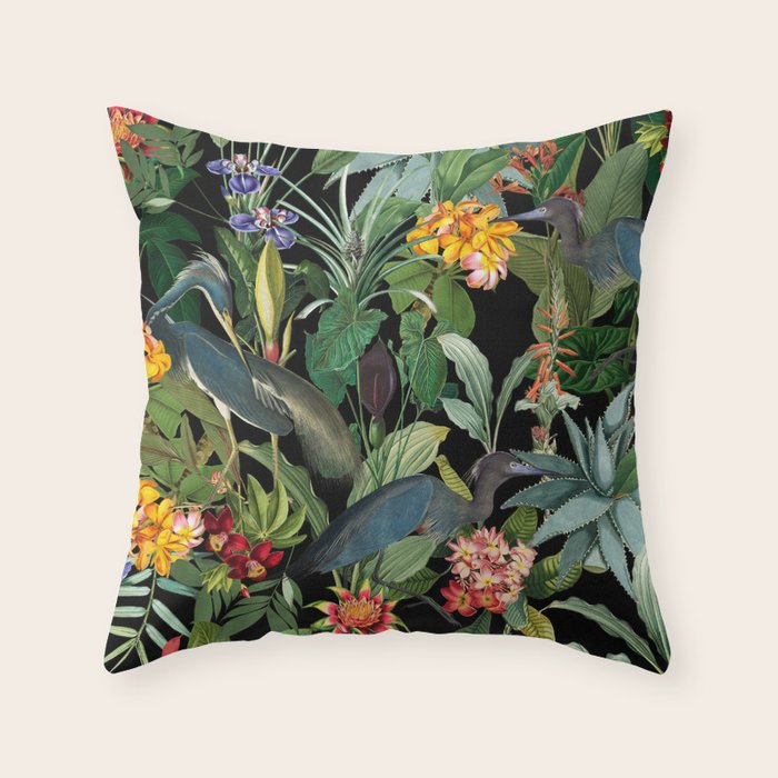Vintage & Shabby Chic - Midnight Tropical Garden Blue Heron Throw Pillow