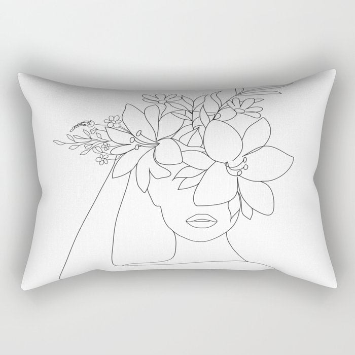Minimal Line Art Woman With Flowers Vi Rectangular Pillow