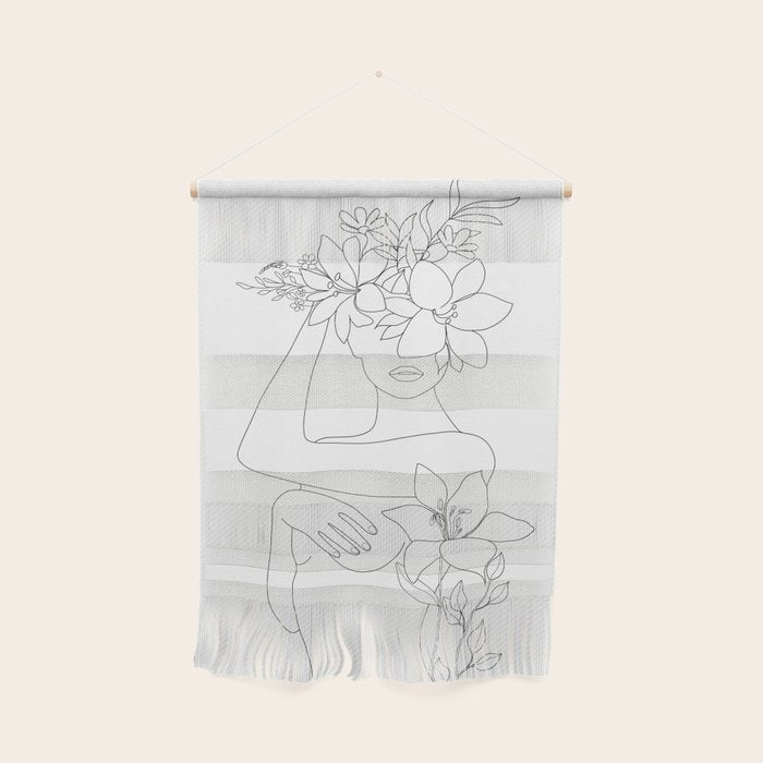 Minimal Line Art Woman With Flowers Vi Wall Hanging