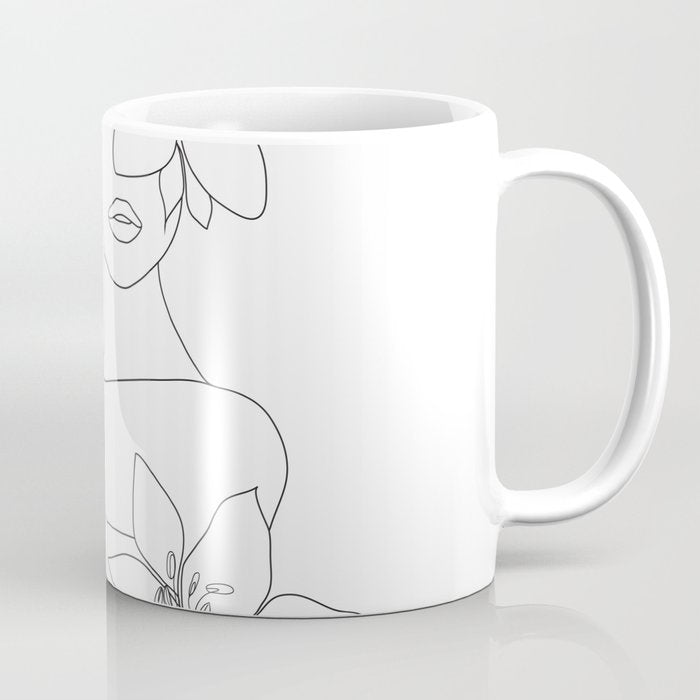 Minimal Line Art Woman With Flowers Vi Coffee Mug