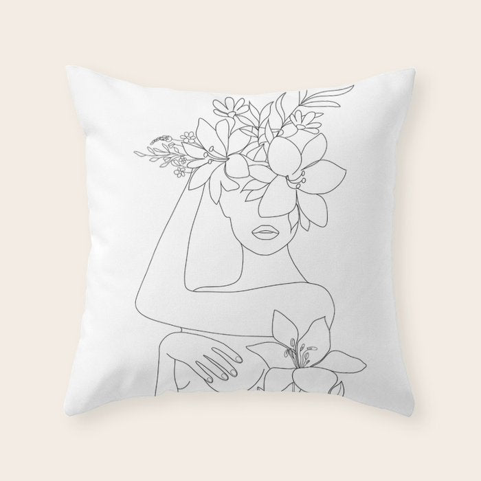 Minimal Line Art Woman With Flowers Vi Throw Pillow