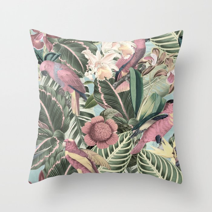 Vintage & Shabby Chic - Sepia Pink Tropical Bird Summer Garden Throw Pillow