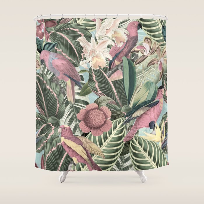 Vintage & Shabby Chic - Sepia Pink Tropical Bird Summer Garden Shower Curtain