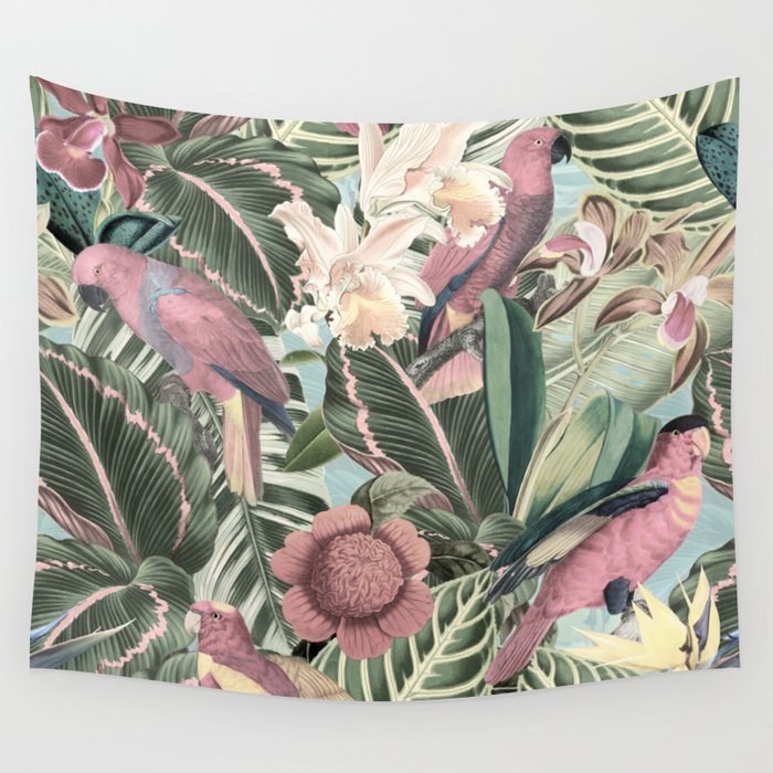 Vintage & Shabby Chic - Sepia Pink Tropical Bird Summer Garden Wall Tapestry