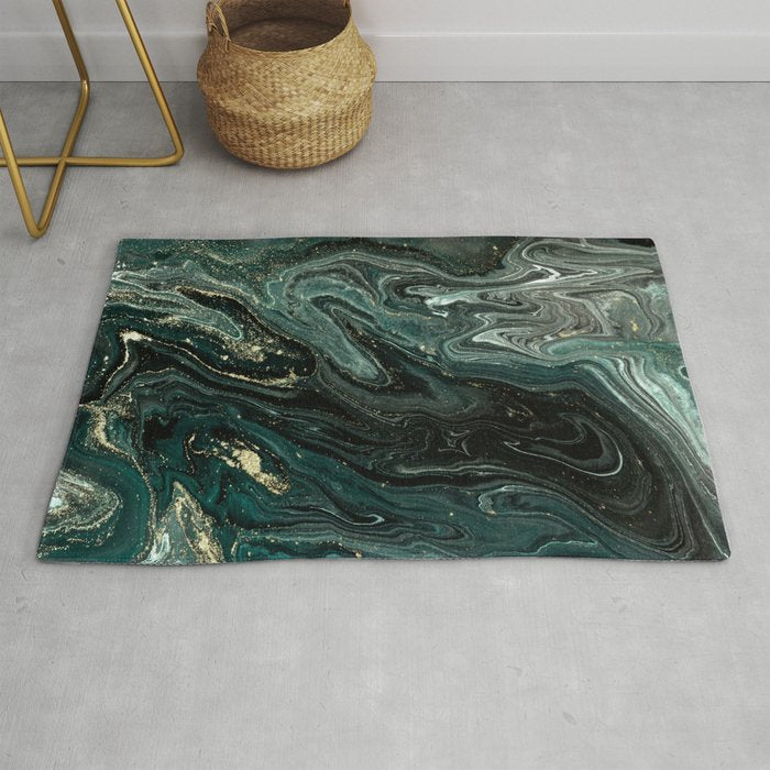 Abstract Pour Painting Liquid Marble Abstract Dark Green Painting Gold Accent Agate Stone Layers Rug