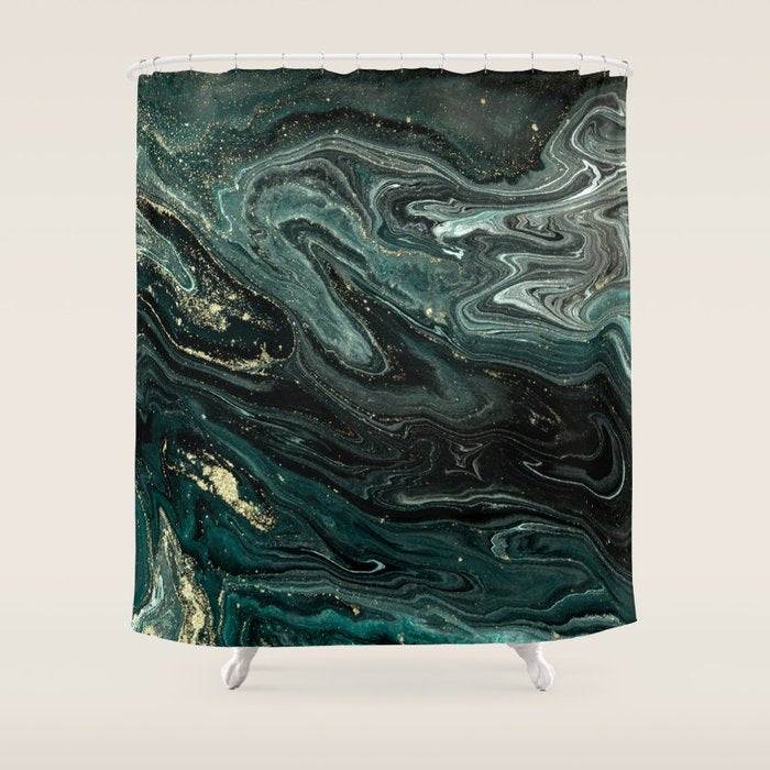 Abstract Pour Painting Liquid Marble Abstract Dark Green Painting Gold Accent Agate Stone Layers Shower Curtain