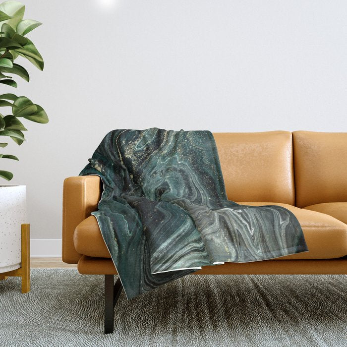 Abstract Pour Painting Liquid Marble Abstract Dark Green Painting Gold Accent Agate Stone Layers Throw Blanket