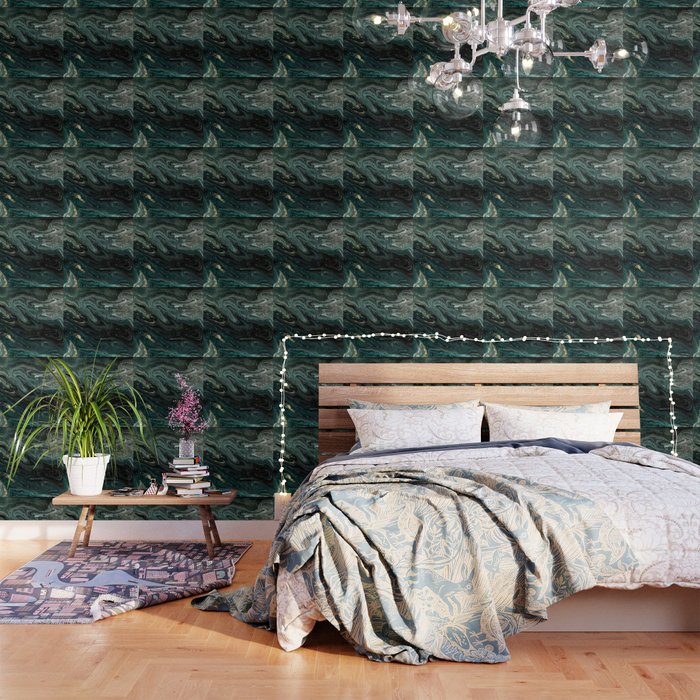 Abstract Pour Painting Liquid Marble Abstract Dark Green Painting Gold Accent Agate Stone Layers Wallpaper