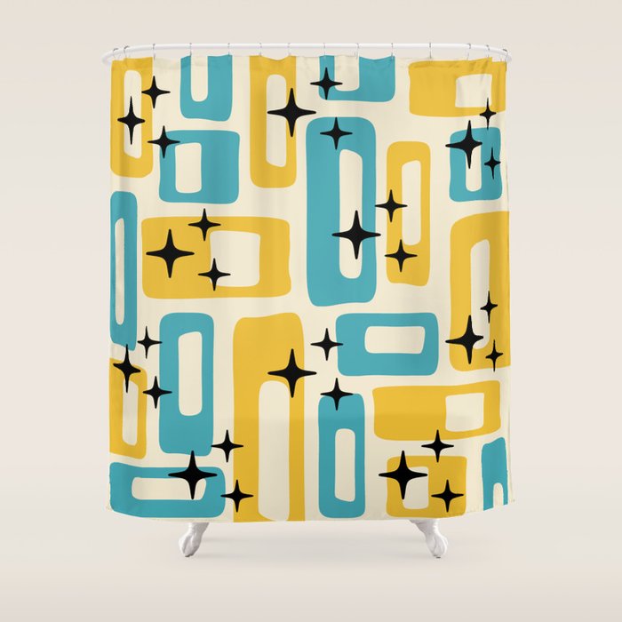Retro Mid Century Modern Abstract Pattern 224 Blue And Yellow Shower Curtain