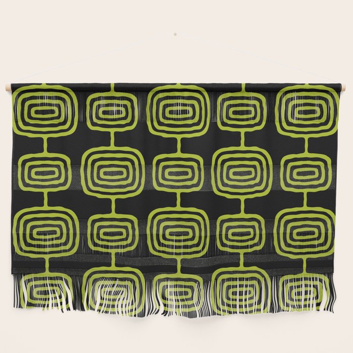 Mid Century Modern Atomic Rings Pattern Black And Chartreuse Wall Hanging
