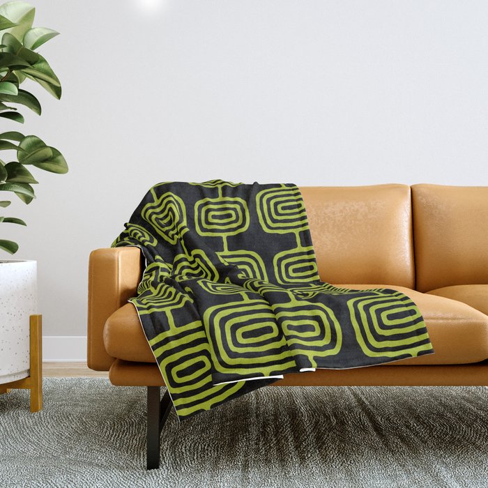 Mid Century Modern Atomic Rings Pattern Black And Chartreuse Throw Blanket