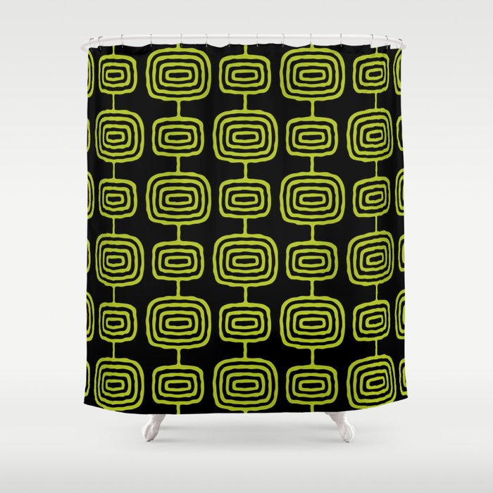 Mid Century Modern Atomic Rings Pattern Black And Chartreuse Shower Curtain