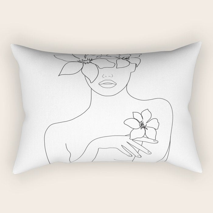 Minimal Line Art Woman With Flowers Iv Rectangular Pillow