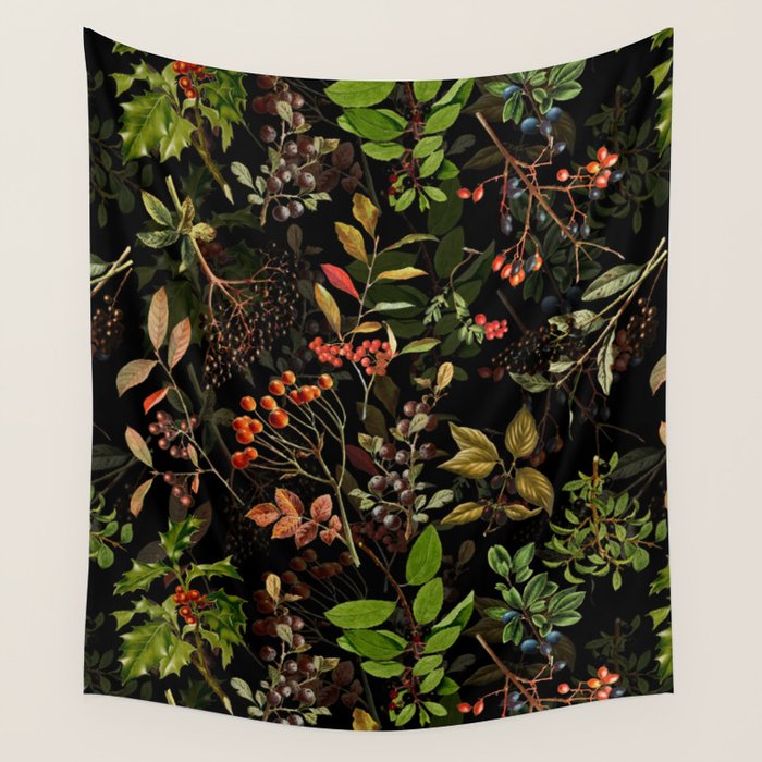 Vintage & Shabby Chic - Vintage Botanical Wildflowers And Berries On Black Wall Tapestry
