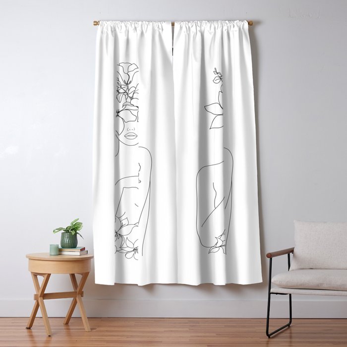 Minimal Line Art Woman With Flowers Iv Window Curtain