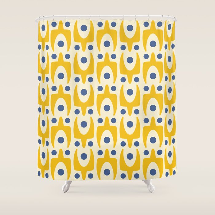 Mid Century Modern Abstract Pattern 641 Googie Yellow And Blue Shower Curtain