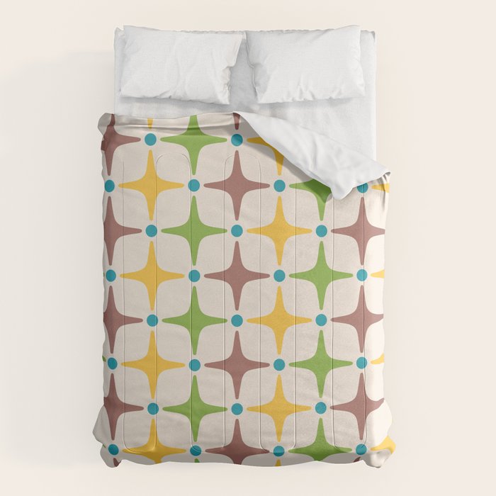 Mid Century Modern Star Pattern 214 Brown Yellow Turquoise Chartreuse Comforter