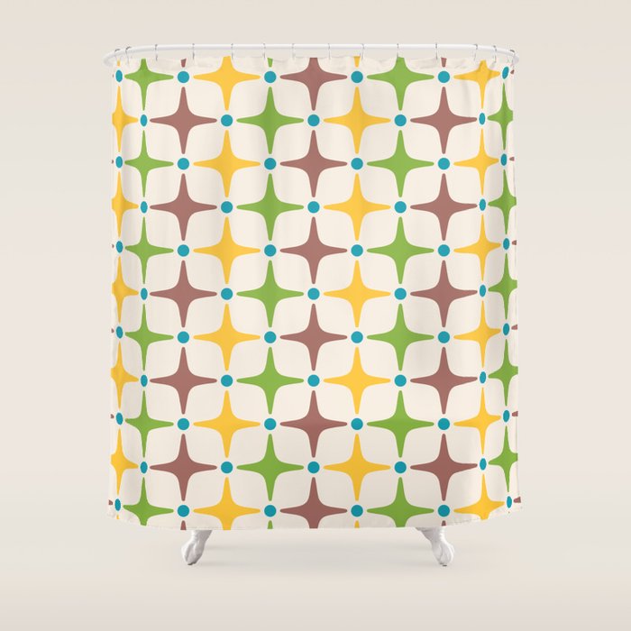 Mid Century Modern Star Pattern 214 Brown Yellow Turquoise Chartreuse Shower Curtain