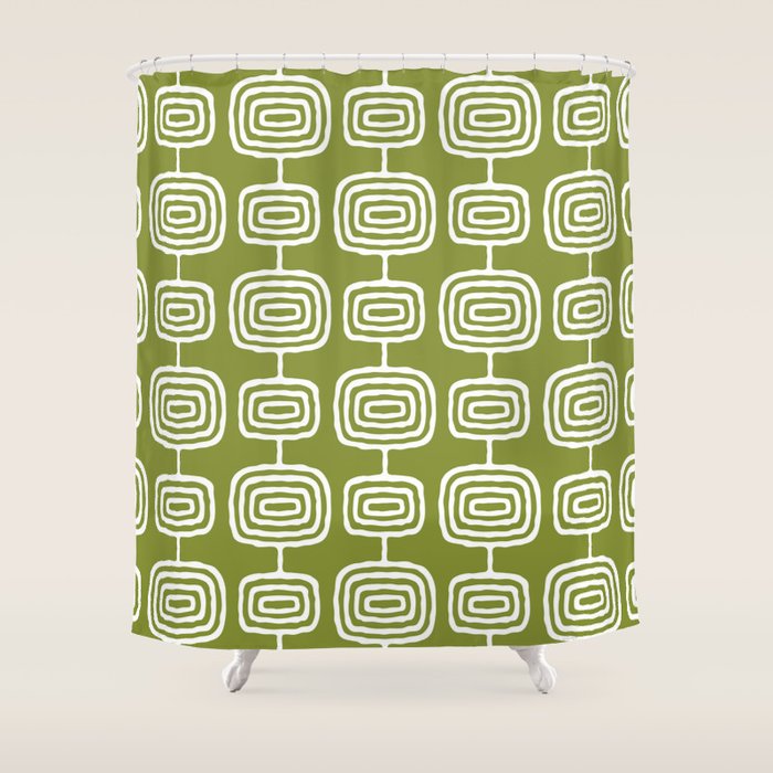 Mid Century Modern Atomic Rings Pattern Mid Mod Olive Green Shower Curtain