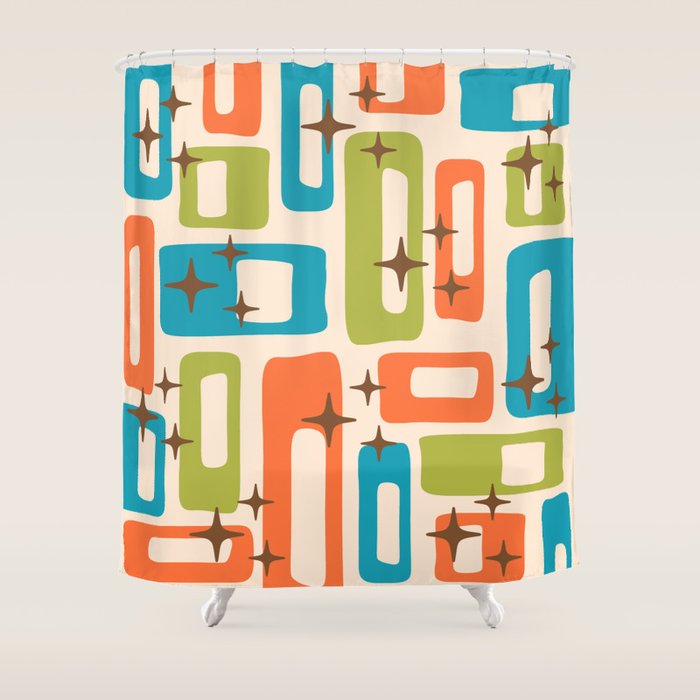 Retro Mid Century Modern Abstract Pattern 921 Googie Orange Chartreuse Turquoise Shower Curtain