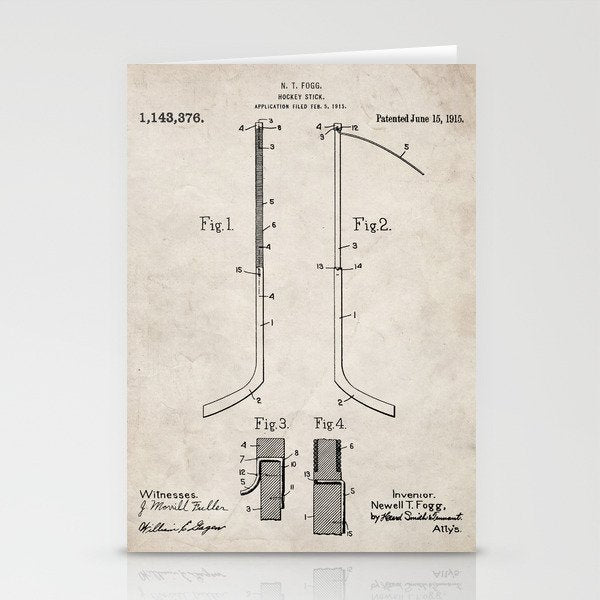 Ice Hockey Stick Patent - Ice Hockey Art - Antique Stationery Card