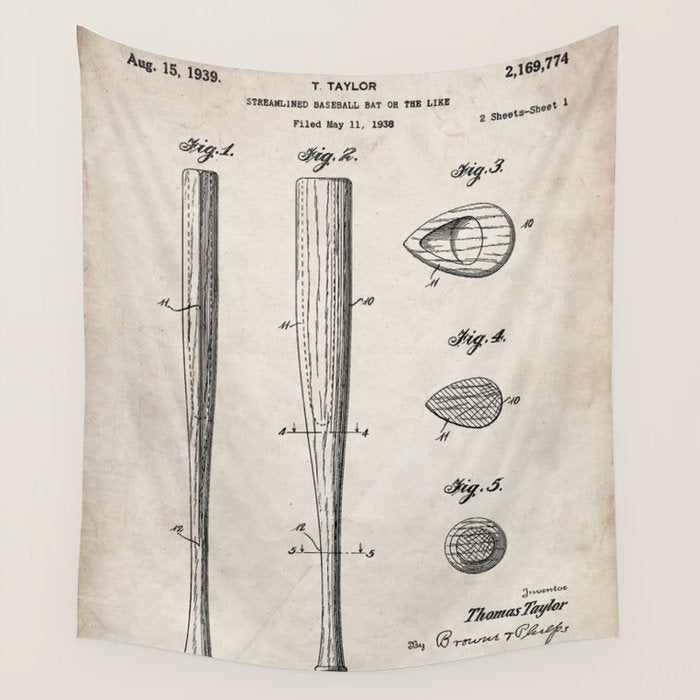 Baseball Bat Patent - Baseball Art - Antique Wall Tapestry