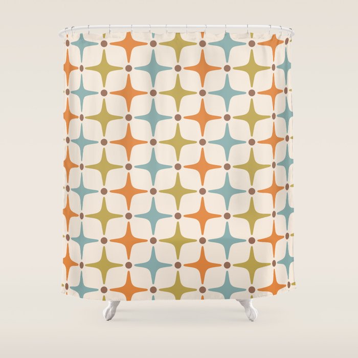 Mid Century Modern Star Pattern 817 Orange Brown Blue And Olive Green Shower Curtain