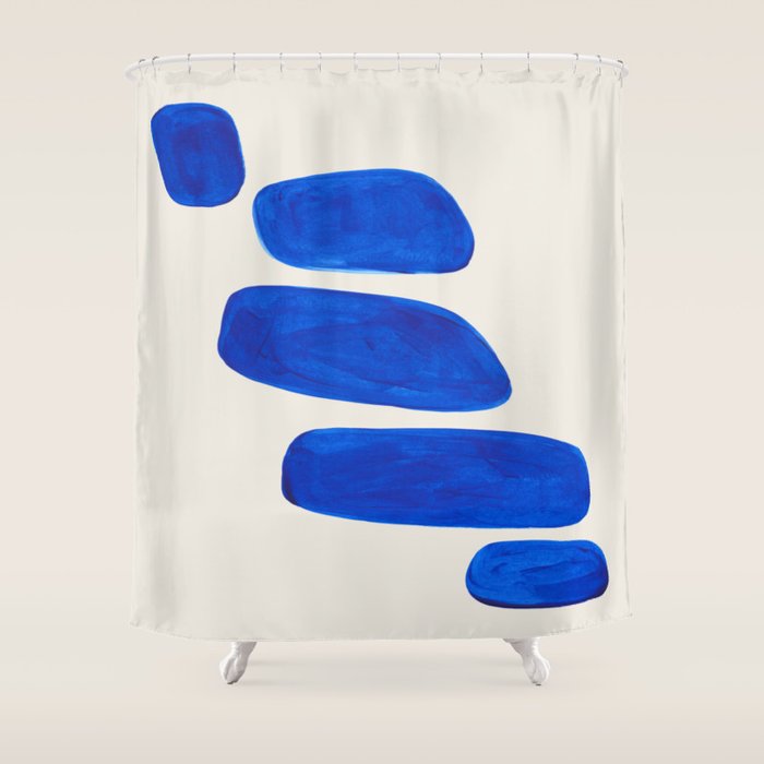 Minimalist Modern Mid Century Colorful Abstract Shapes Phthalo Blue Native Pebbles Stacked Shower Curtain