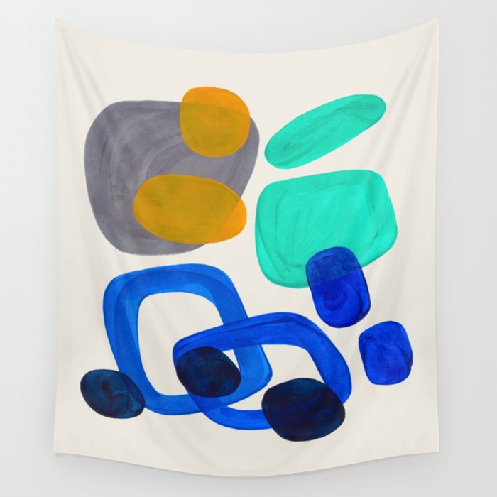 Mid Century Modern Abstract Minimalist Fun Colorful Shapes Marine Green Retro Vintage Fun Shapes Wall Tapestry