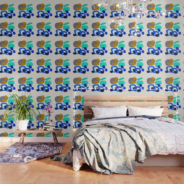 Mid Century Modern Abstract Minimalist Fun Colorful Shapes Marine Green Retro Vintage Fun Shapes Wallpaper