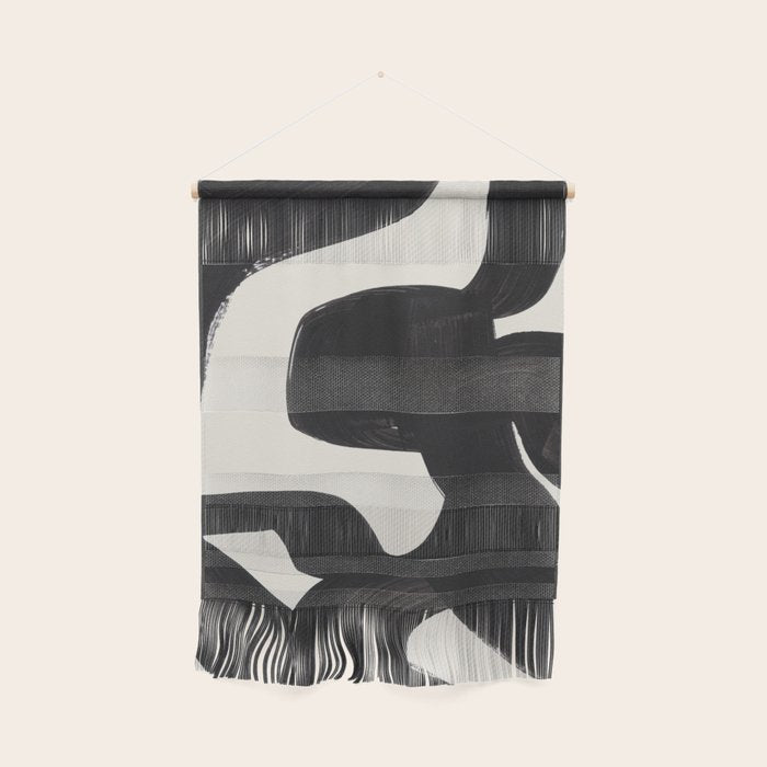 Mid Century Modern Minimalist Abstract Art Brush Strokes Black & White Ink Art Maze Wall Hanging