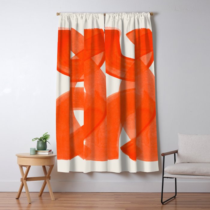 Mid Century Modern Abstract Painting Orange Watercolor Brush Strokes Window Curtain