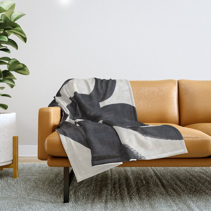 Mid Century Modern Minimalist Abstract Art Brush Strokes Black & White Ink Art Maze Throw Blanket