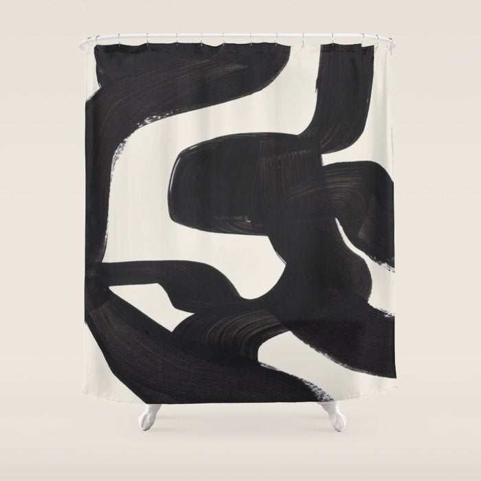 Mid Century Modern Minimalist Abstract Art Brush Strokes Black & White Ink Art Maze Shower Curtain