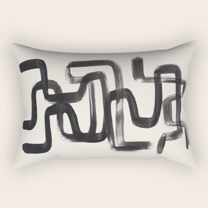 Mid Century Modern Minimalist Abstract Art Brush Strokes Black & White Ink Art Pipe Maze Rectangular Pillow